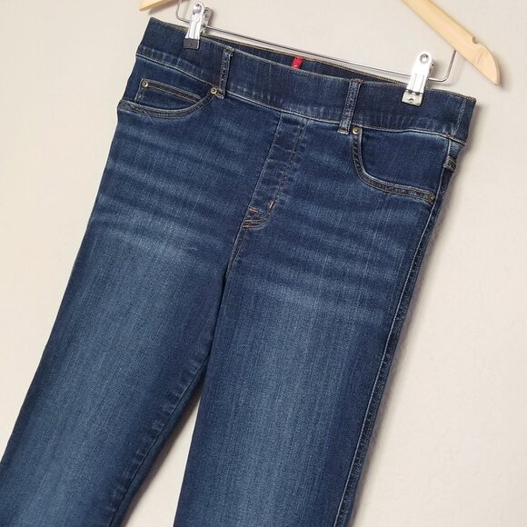 Spanx Flare Jeans Midnight Blue Shade Pull On Stretch High Waist L Petite $148 - Picture 5 of 16